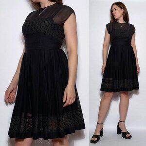 Vintage 1950s SHEER Black FIT & FLARE Pleated Skirt Dress with Eyelet Detailing!